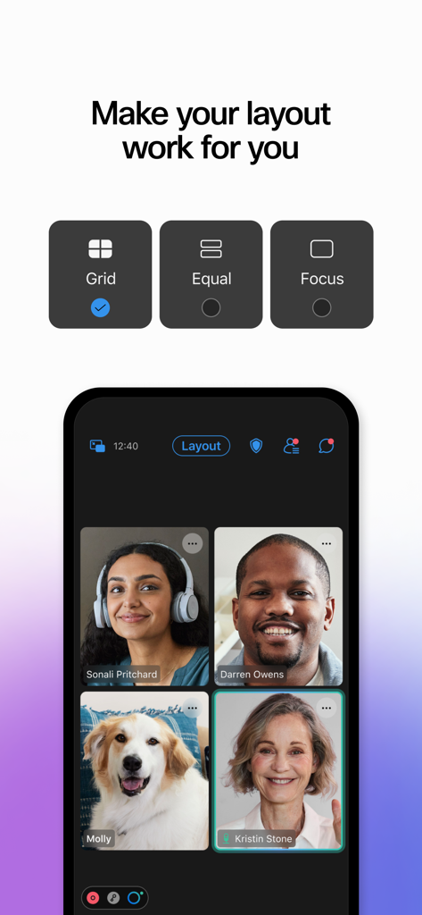 Interfaz de la aplicación Webex Meetings mostrando opciones de diseño de video que incluyen vistas de cuadrícula igual y enfoque para videoconferencias móviles