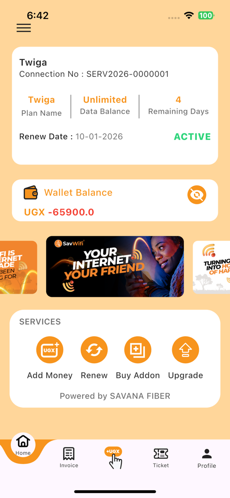 Savanna Fibre Customer App - Savanna Fibre app dashboard showing internet plan status wallet balance and service shortcuts