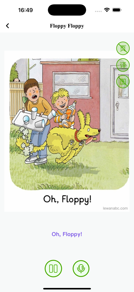 Oxford Reading Tree app screen showing the story Oh Floppy with interactive reading and evaluation tools