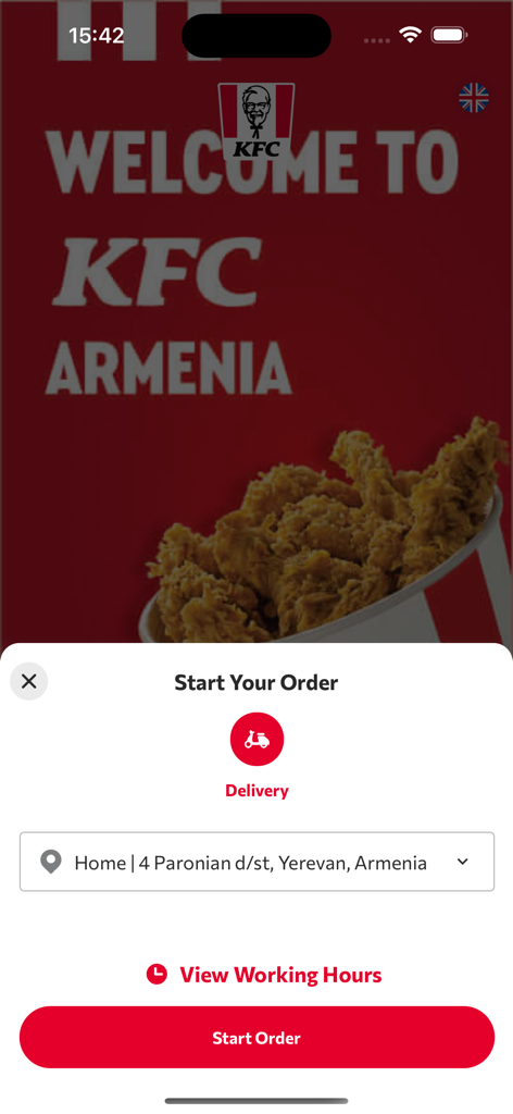 KFC Armenia: Order food online - Welcome screen of KFC Armenia app featuring a start order popup with delivery option and address selection in Yerevan