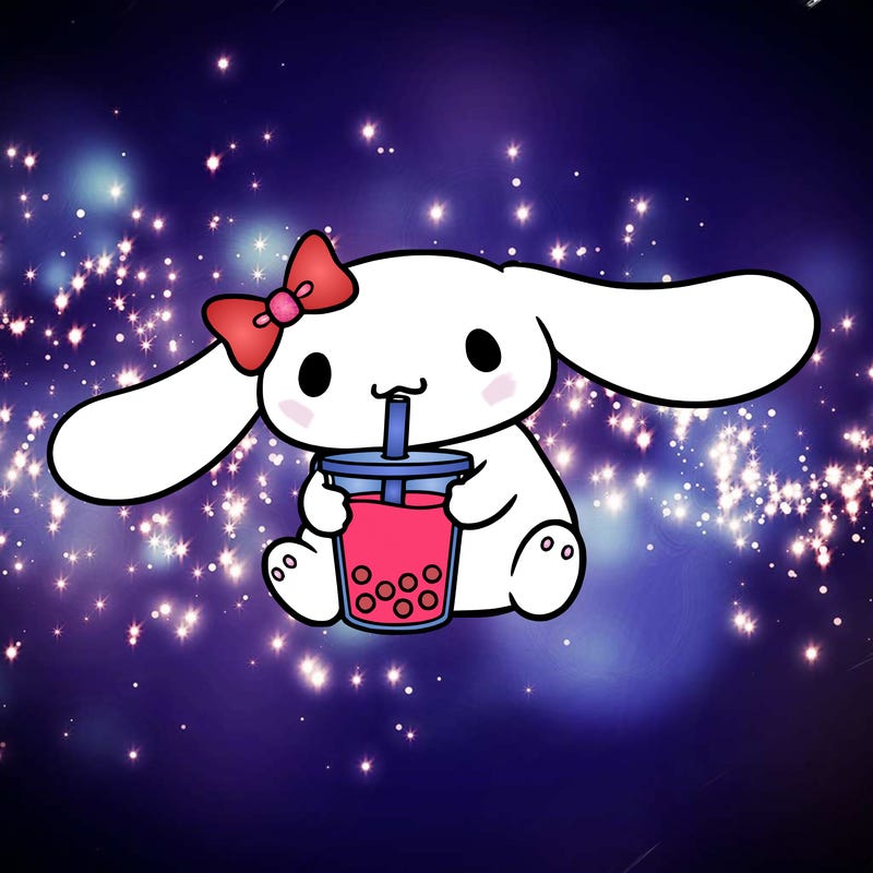 cinnamoroll drinking boba tea with a bow on her his left ear
