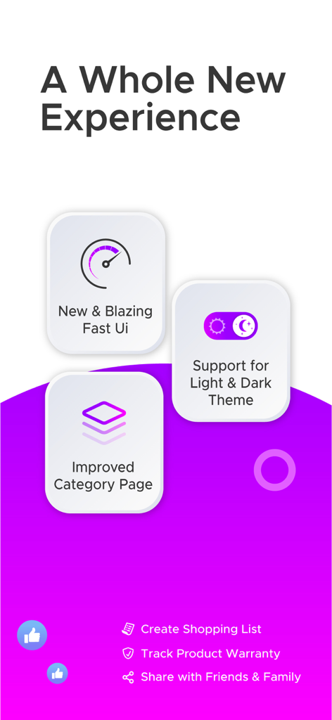 D4D Shopping Offers & Coupons - Grafik, die D4D Shopping App-Updates zeigt, einschließlich schneller Benutzeroberfläche, Dark-Mode-Unterstützung, verbesserter Kategorien und Einkaufslisten-Funktionen.