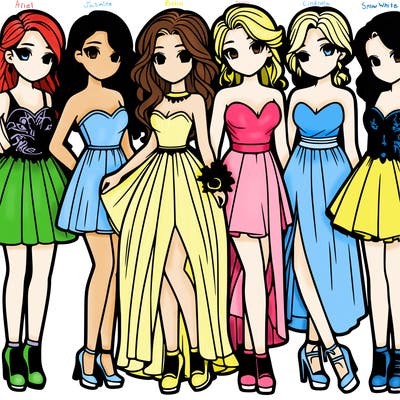 group of six teenage girls in prom dresses
