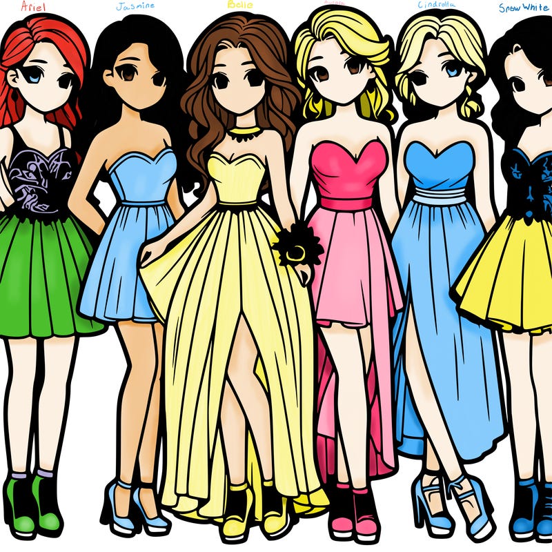group of six teenage girls in prom dresses