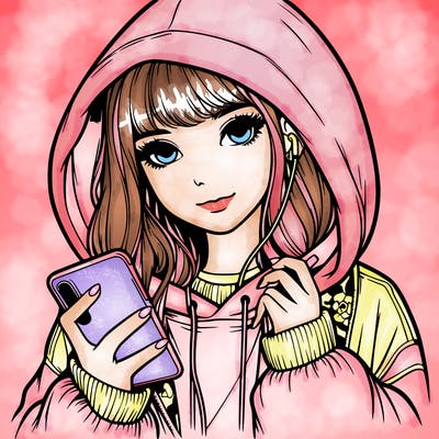 realistic girl with oversized hood and holding a phone