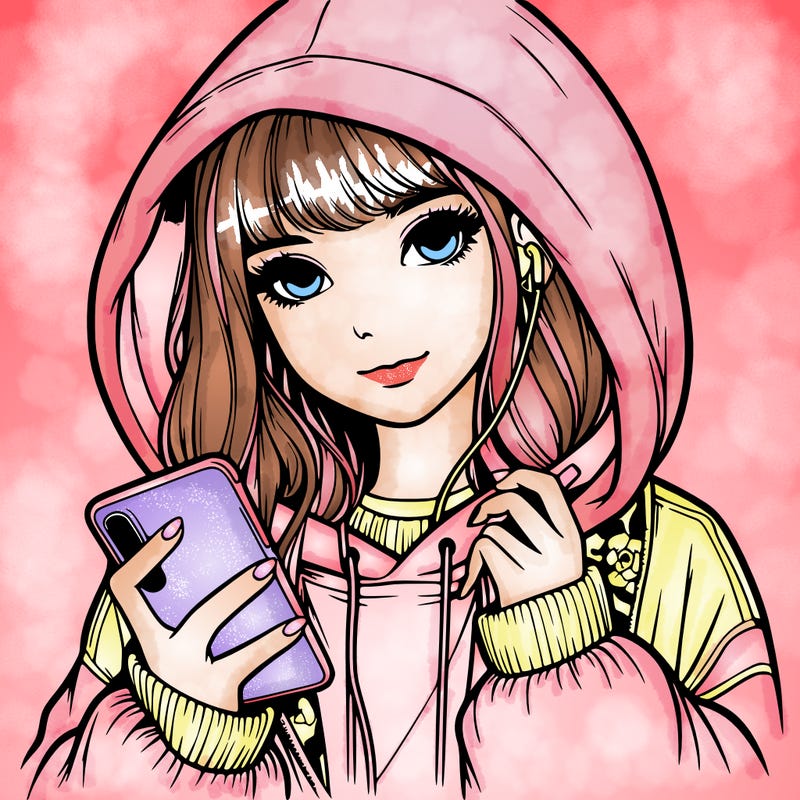 realistic girl with oversized hood and holding a phone