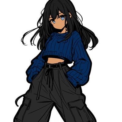 anime teen girl with baggy pants and crop top with sweater