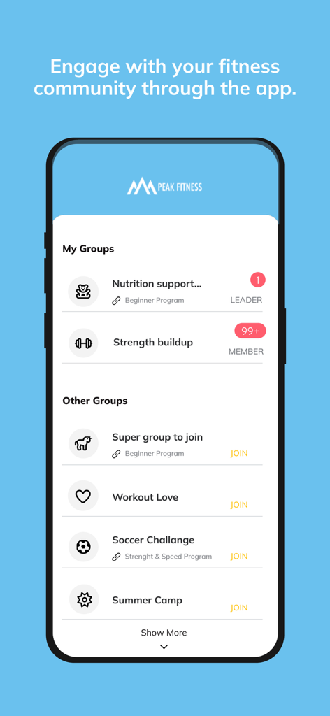 Peak Fitness (ABC Trainerize) - Peak Fitness app community groups and challenges screen