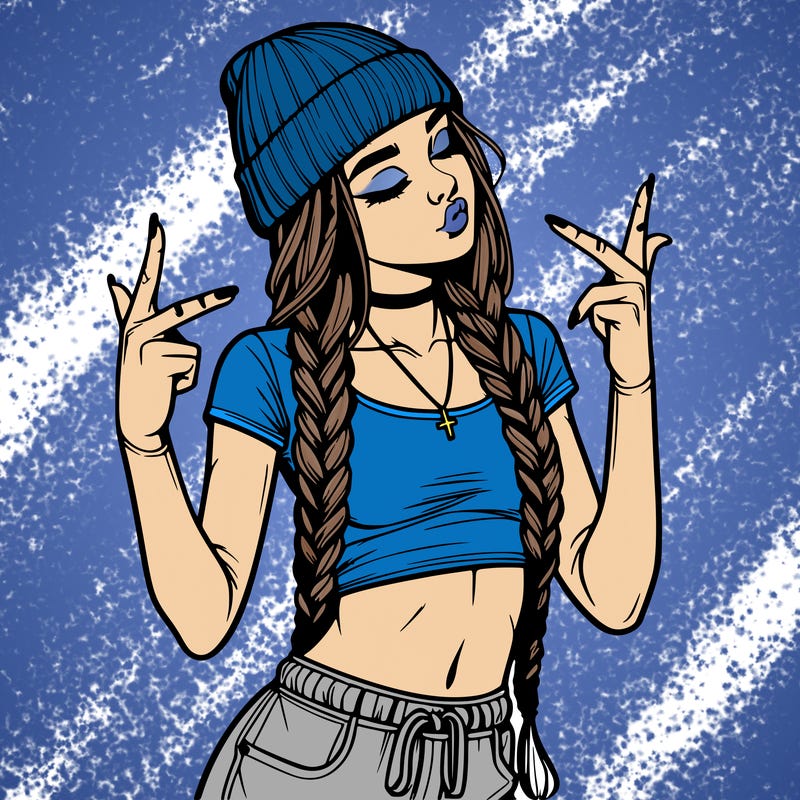 realistic teenage girl with braids and a beanie and crop top doing 🫶🏼