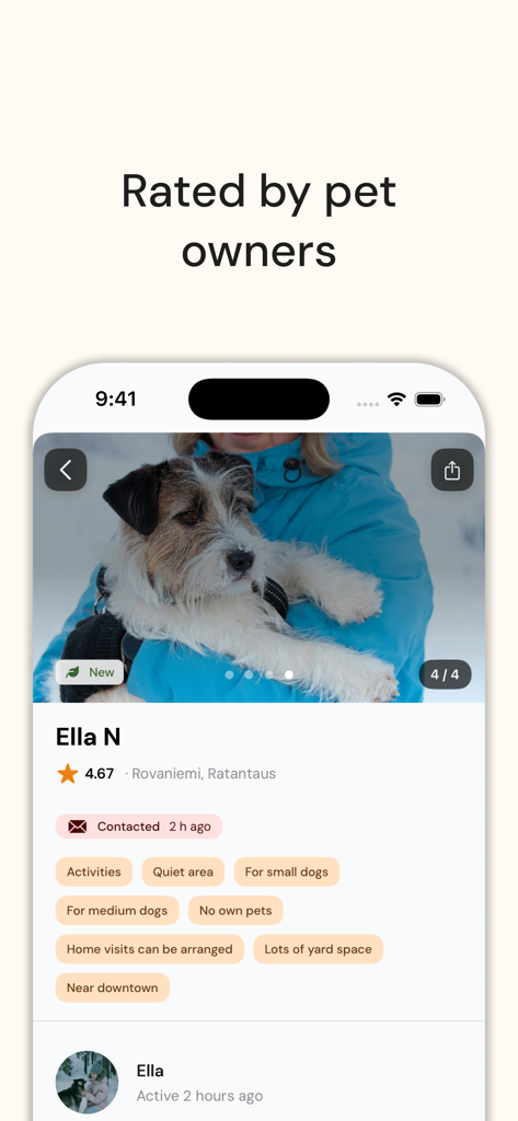 Pethotel - 펫호텔 앱의 펫시터 프로필로, 개 사진, 평점, 마당 공간 및 방문 돌봄과 같은 서비스 태그가 특징입니다.