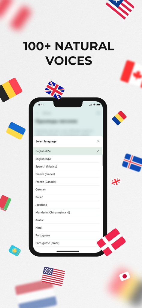 Text To Speech – Audio Reader - Pantalla de smartphone mostrando un menú de selección de idioma para la aplicación Texto a Voz con voces naturales y banderas internacionales flotantes.