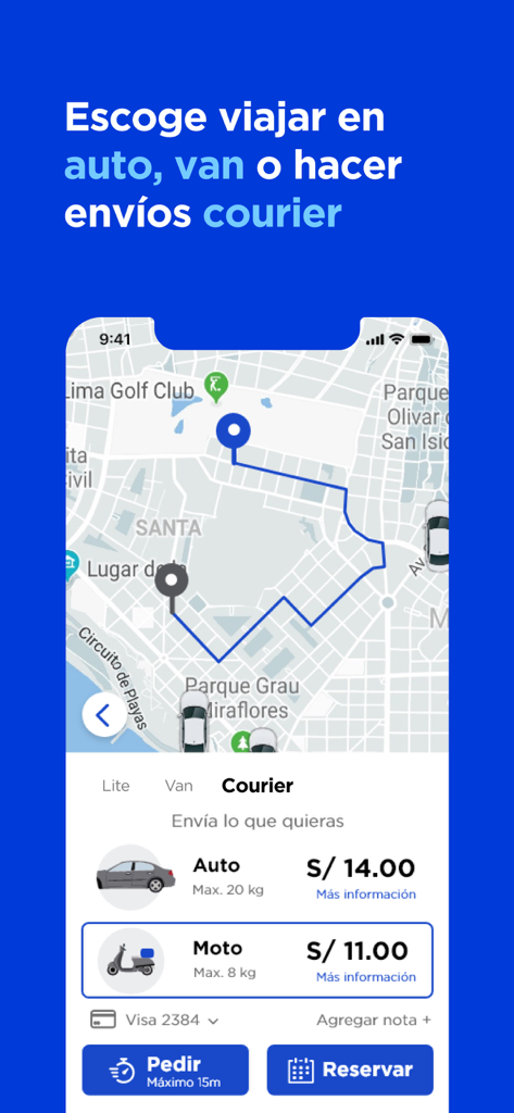 Directo - Directo app screen showing transport and courier delivery options with a map of Lima and pricing for car and motorcycle services.