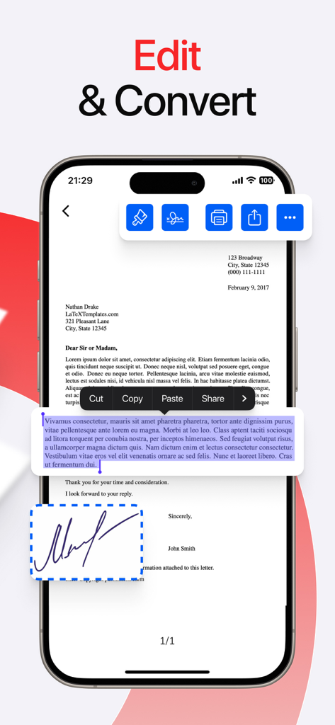 Document scanner: Scan to PDF - iPhone上のテキスト編集およびデジタル署名機能を示すドキュメントスキャナーアプリのインターフェイス。