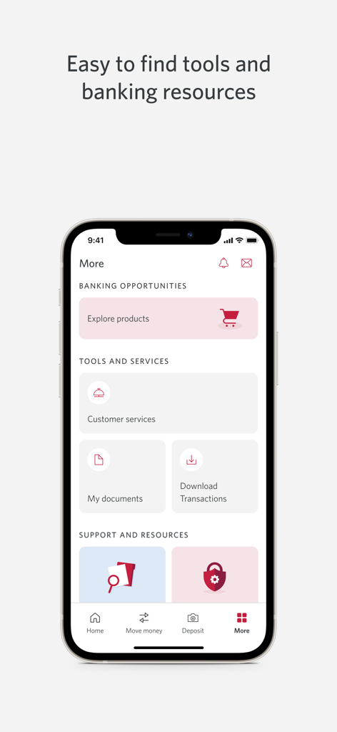 CIBC US Mobile Banking - CIBC US Mobile Bankingアプリの画面。バンキングツールとリソースが表示されています。