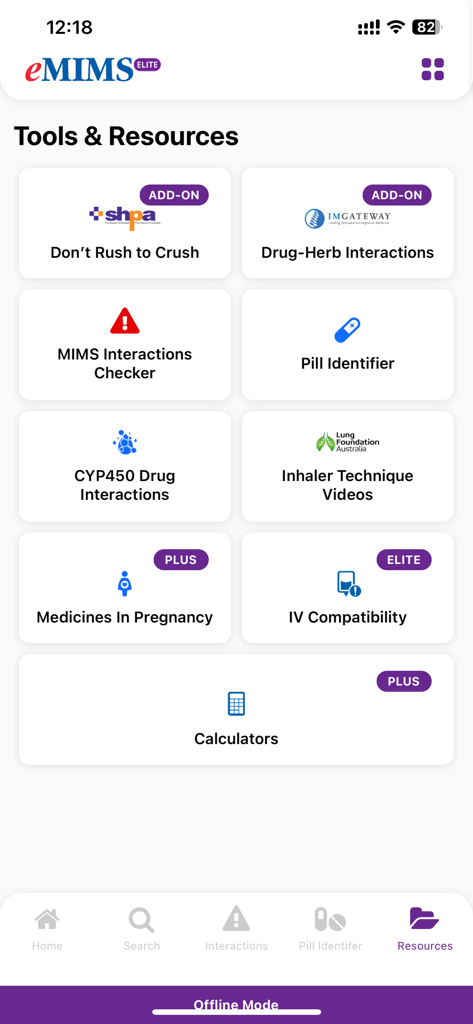 eMIMS Elite app interface displaying medical tools like interaction checkers, pill identifier, and clinical calculators