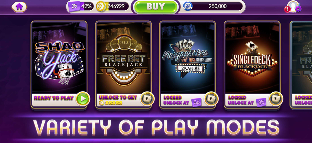 Menu screen in myVEGAS Blackjack showing various game modes like Shaq Jack and Progressive Blackjack.