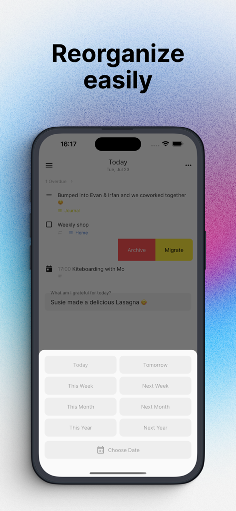 Interfaz de la aplicación móvil mostrando opciones para migrar y reorganizar fácilmente tareas para diferentes fechas.
