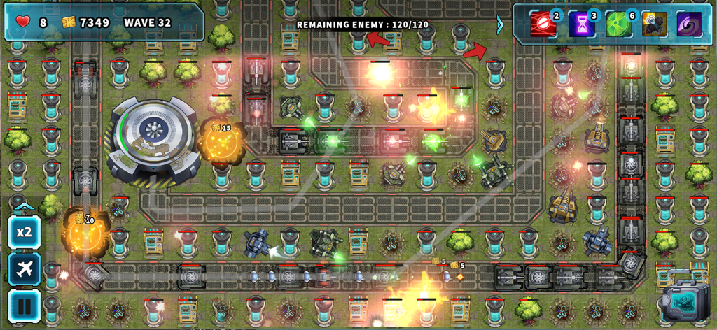 Tower Defense Rush - Strategy gameplay in Tower Defense Rush showing turrets defending a space base against waves of enemies