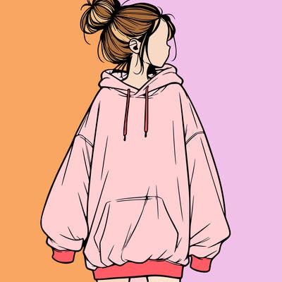 realistic girl with a oversized sweatshirt on and a bun