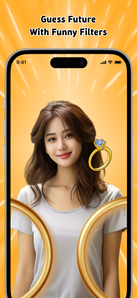 A young woman using a future prediction filter app showing a diamond ring result