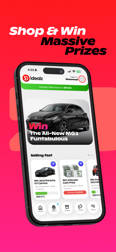 Idealz | Lebanon - Idealz Lebanon mobile app interface showing luxury car and cash prize campaigns with shop and win text.