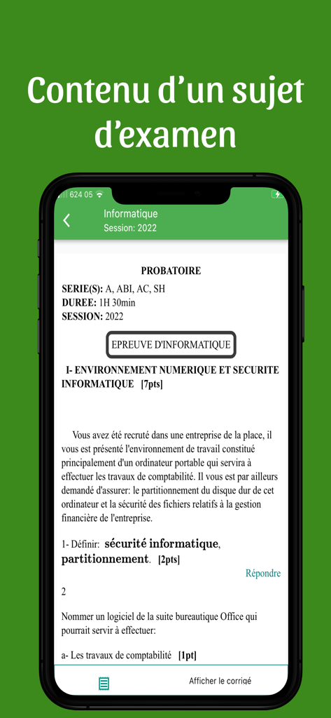 Interface of the Hazon School app displaying a computer science exam paper for the Probatoire session in Cameroon.