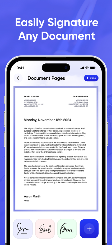 DigiSign - Sign PDF & Document - Eine mobile App-Oberfläche zum Signieren von PDF-Dokumenten mit verschiedenen Signaturstilen.