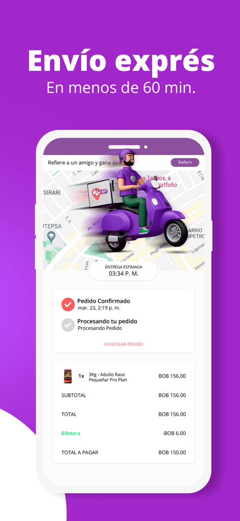 Envios Pet – Petshop Delivery - Mobile app interface showing real-time delivery tracking for pet supplies with an express shipping icon