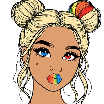 realistic girl with two buns on her hair and lips