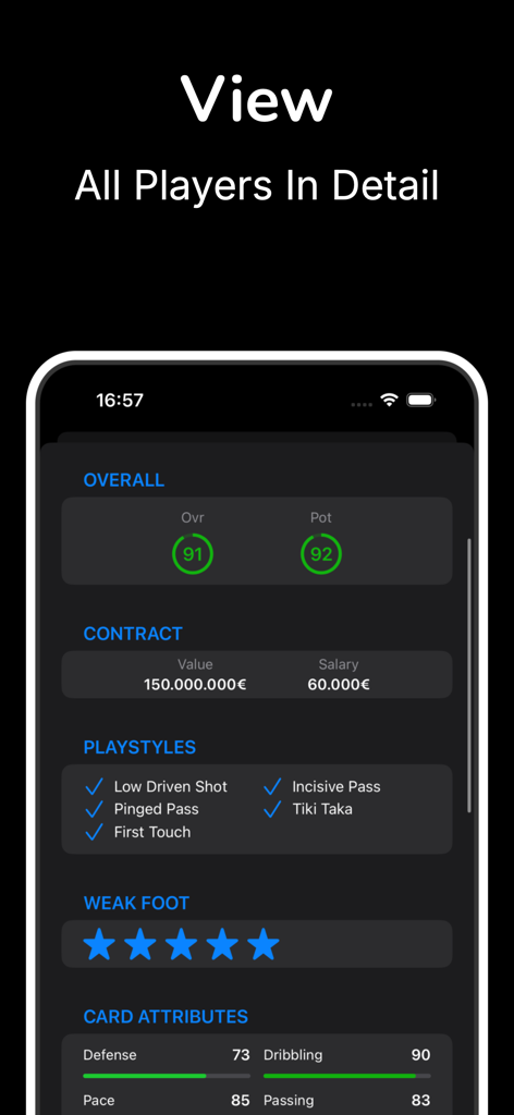 Career Mode Database - A mobile app screen showing detailed player statistics including overall rating potential and contract value for FC26