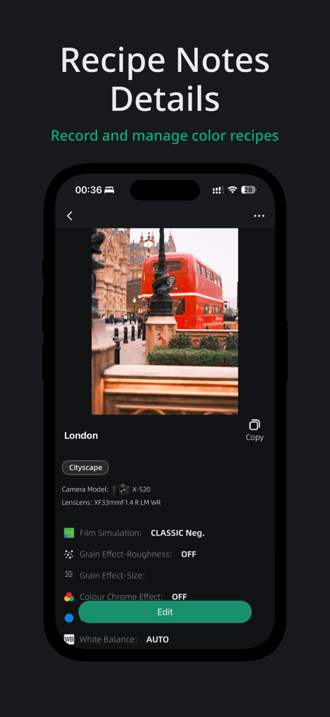 FujiStyle - Film Recipes Frame - FujiStyle mobile app interface showing detailed Fujifilm camera settings and film simulation recipes for a photo of a London bus.