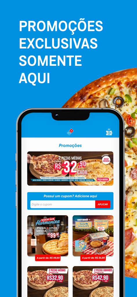 Domino's Pizza - Brasil - Mobile app interface of Domino's Pizza Brasil showing exclusive promotions and a coupon input field