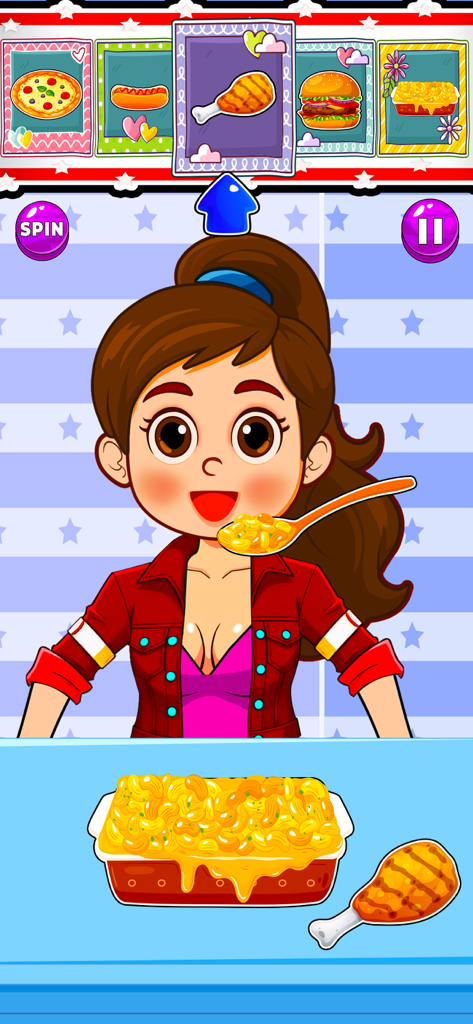 Mukbang Eating ASMR Games - Cartoon girl character eating mac and cheese in a mukbang ASMR game.