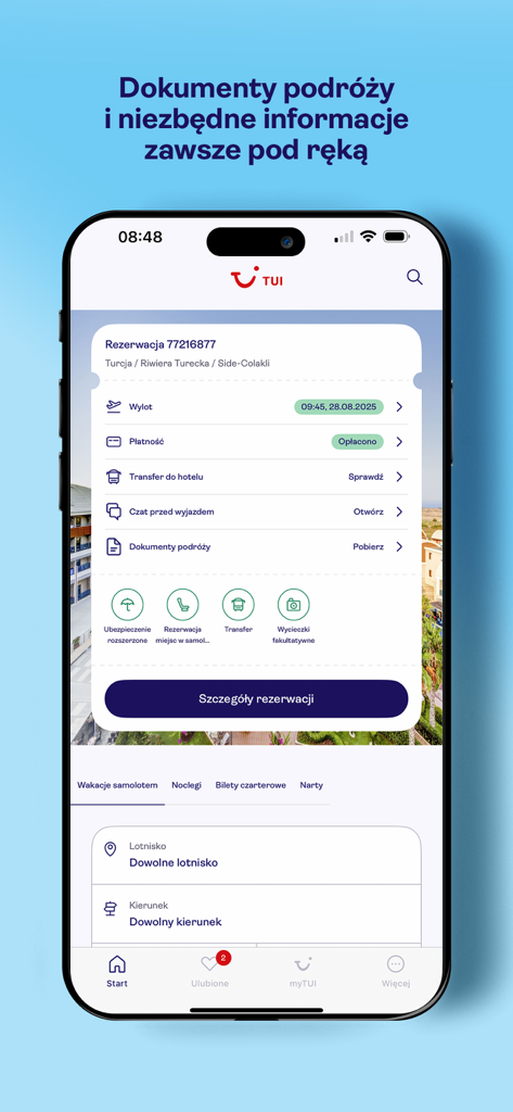 TUI (PL/CZ) - TUI mobile app interface showing travel reservation details and booking information
