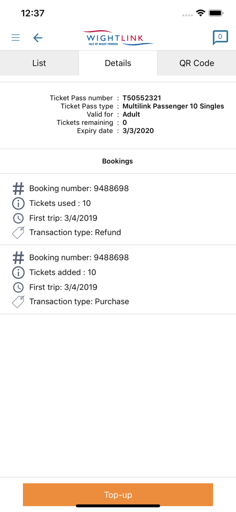 Wightlink app screenshot displaying ferry ticket pass details and booking transaction history