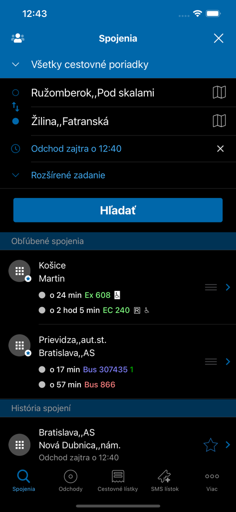 Search screen of the Cestovne poriadky CP app showing transport connection fields and favorite routes