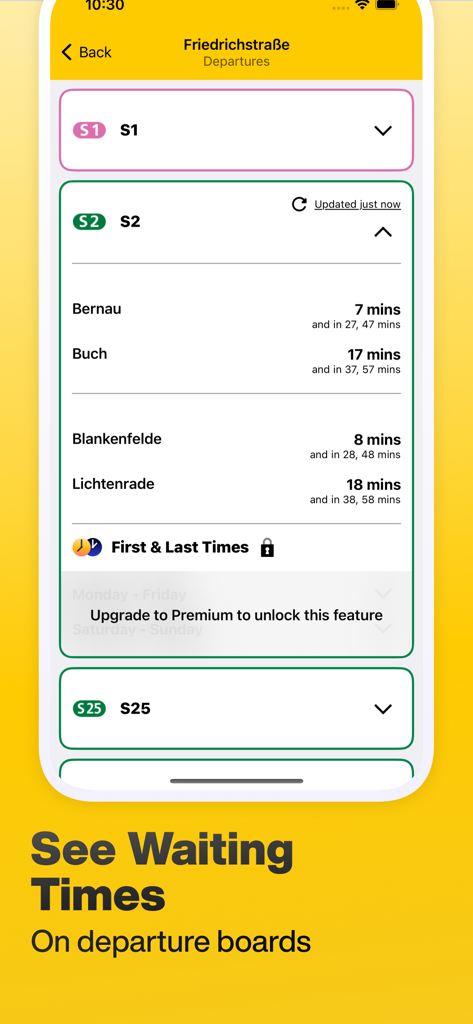 ベルリンSバーンシステムの電車のリアルタイム出発時刻を表示するモバイル画面