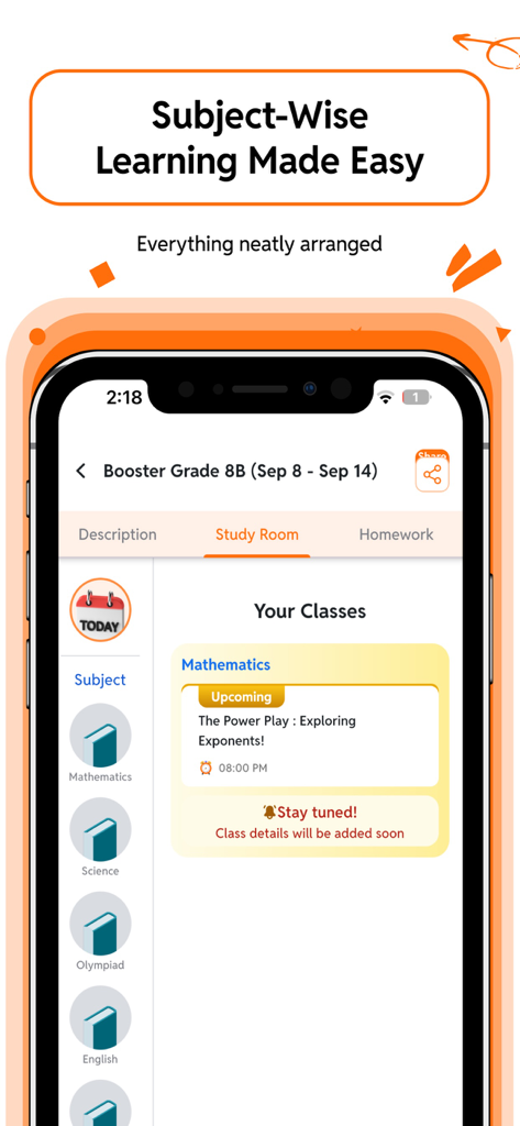 CuriousJr powered by PW - CuriousJr app interface showing subject-wise learning categories for Grade 8 students