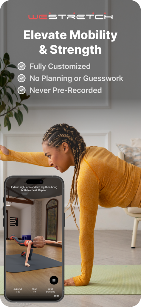 WeStretch: Stretching & Splits - Mulher usando o aplicativo WeStretch para exercícios personalizados de mobilidade e força com uma instrutora virtual.