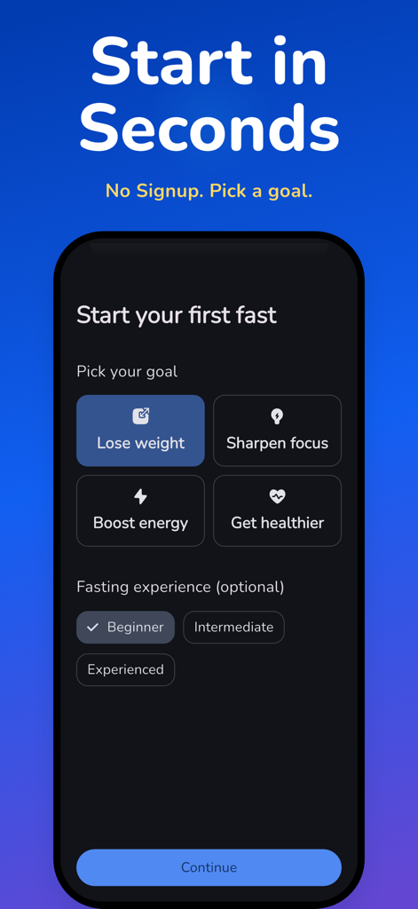 Easy Fast app onboarding screen showing goal selection for fasting without sign up