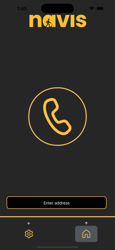 Interfaz principal de la aplicación de navegación Navis que muestra la pantalla de inicio con un botón de llamada y un campo de búsqueda de direcciones