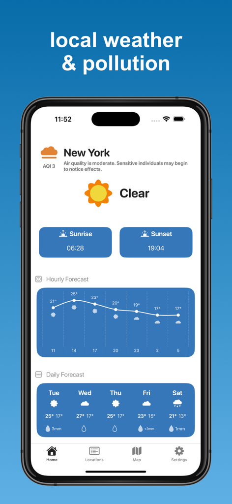 Painel móvel do Haze mostrando o índice de qualidade do ar e a previsão do tempo para Nova York