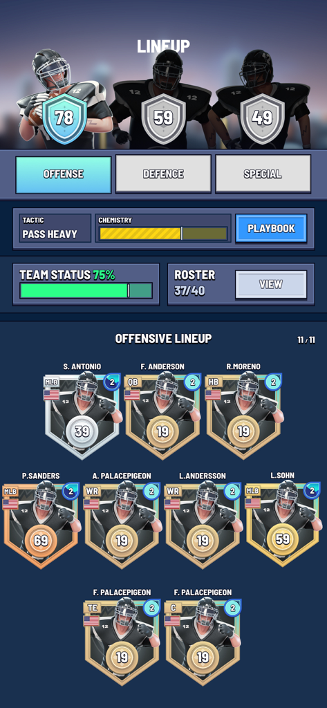 Blitz Football Franchise 2024 - 블리츠 풋볼 프랜차이즈 2024 공격 라인업 화면, 선수 카드 및 팀 전술 표시.