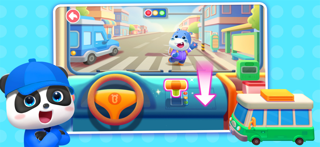 Baby Panda's Town: Life - Baby Panda bus driving simulation in a colorful city street