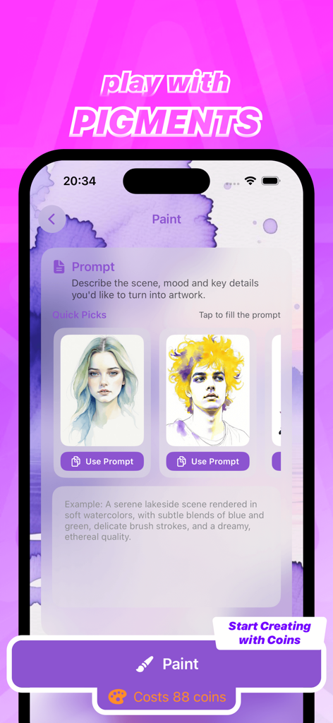 Interface do aplicativo Elama para criar arte em aquarela a partir de prompts descritivos e exemplos de seleção rápida.