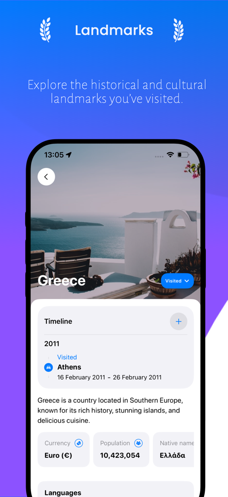 Travu: Countries You've Been - A smartphone screen showing the Travu app travel history for Greece including visit dates and country data