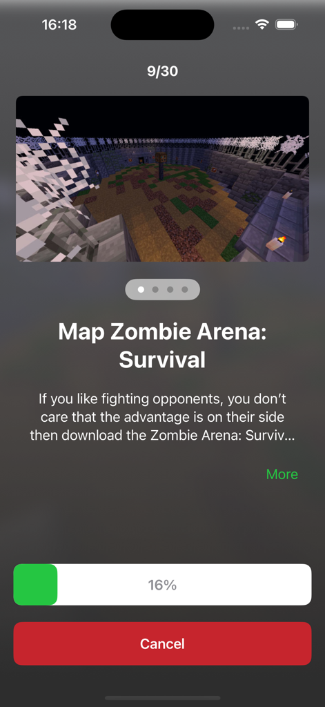 Addons for minecraft Survival - Interface do aplicativo Minecraft Addon mostrando o progresso de download de um mapa de sobrevivência Zombie Arena
