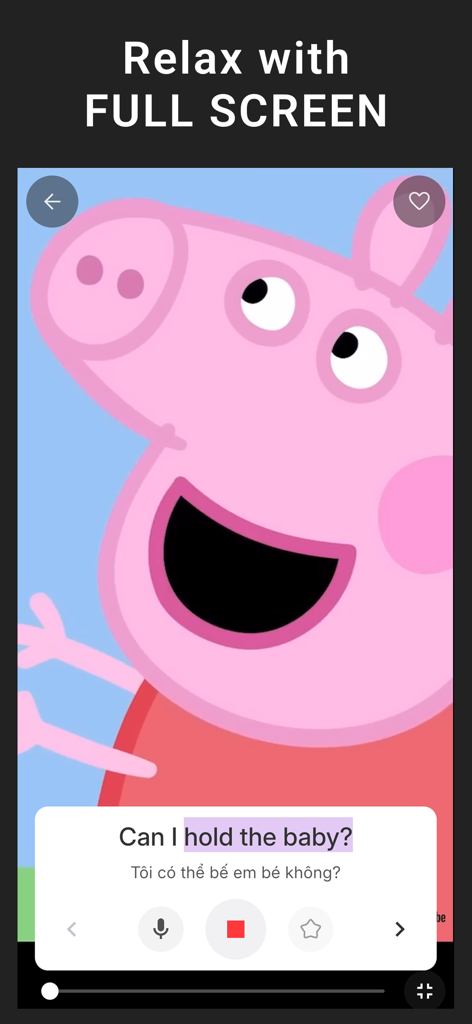 Lang Shadow: English Shadowing - Full screen video player in Lang Shadow app featuring a cartoon with English subtitles and Vietnamese translation for language practice