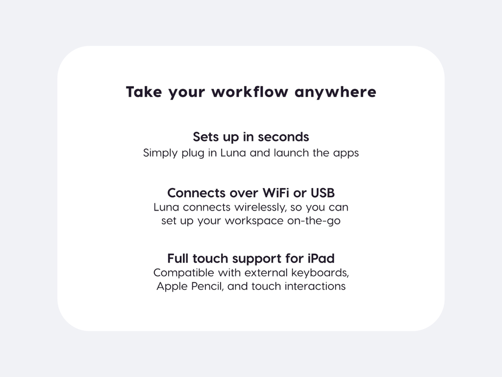 Luna Display app feature list highlighting easy setup wireless connectivity and iPad touch support