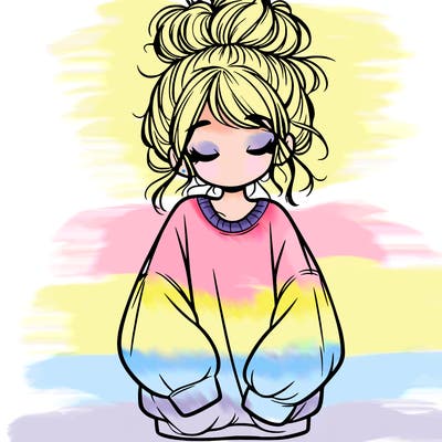 girl with baggy sweatshirt and messy bun